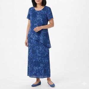 Rabbit Designs Blue Floral Midi Dress Overlay 2 Piece Look Size 14